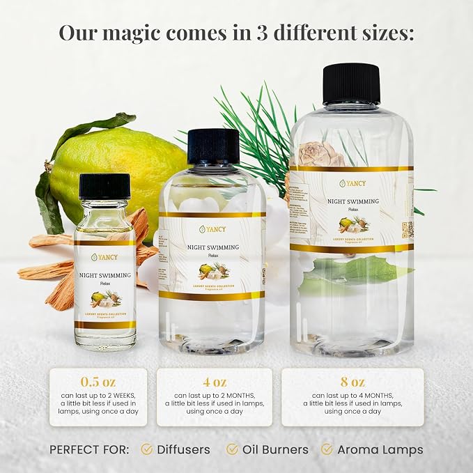 YANCY Night Swimming Luxury Collection Fragrance Oil (8 oz), Fresh Marine and Floral Scent, Soothing Aroma for Diffusers, Oil Burners & Aroma Lamps, Ideal for Nighttime Relaxation