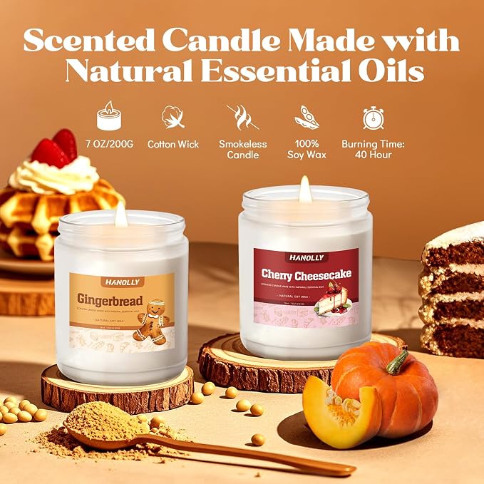 Bakery Candles Set, 6 Pack Fall Winter Candles for Home Scented, Candle Gift Set,Soy Wax Long Lasting Jar Candle of Pumpkin Pie, Coffee Cake,Gingerbread,Chocolate Cookie,Cherry Cheesecake Aromatherapy