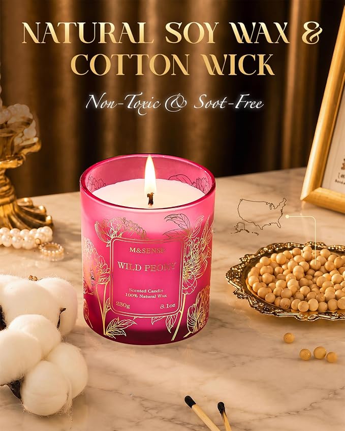 M&SENSE Wild Peony Floral Scented Candles, Natural Soy Wax Non Toxic Candle for Home, 8.1oz 42-Hour Long Lasting Burning Time, Summer Romance Home Fragrance Gifts for Women
