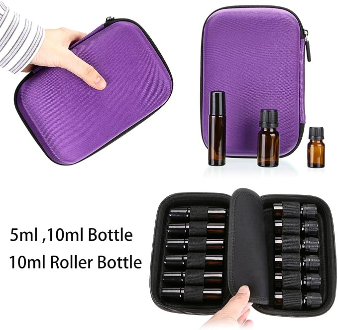 Hipiwe Hard Shell Essential Oil Carrying Case Holds 12 Bottles (Can hold 5ml, 10ml, &10ml Rollers) Travel Size Essential Oils Bag Organizer Perfect for Essential Oils Bottle (Purple)
