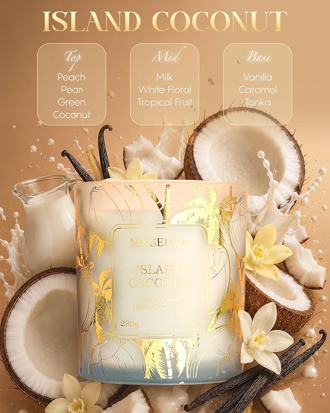 M&SENSE Coconut Soy Candle, 8.1oz 42-Hour Long Burning Time Naturally Scented Candles, Creamy Tropical Island Scent, Summer Meditation Gift