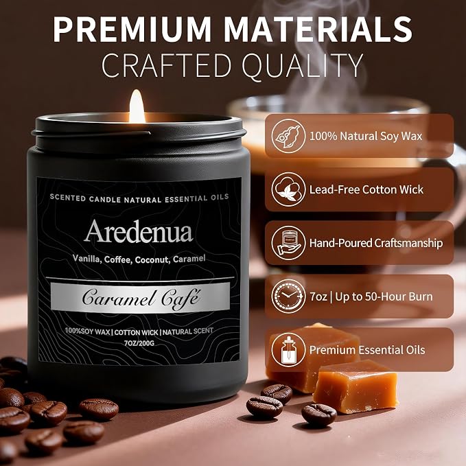 Caramel Coffee Candle | Soy Scented Candles for Home & Office, 50H Clean Burn, Manly Gifts for Fathers Day – Aromatherapy Candle for Dad or Husband, Cozy Coffee & Caramel Scent