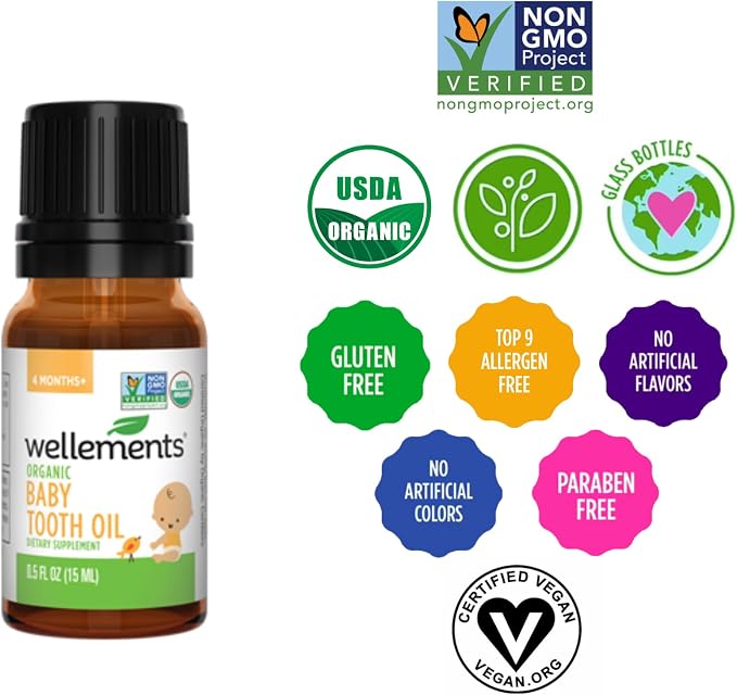 Wellements Organic Baby Tooth Oil | Soothing Massage Oil for Tiny Gums, Helps Make Teething Happy, Made with Safe and Effective Certified Organic Ingredients | 0.5 Fl Oz. 4 Months +