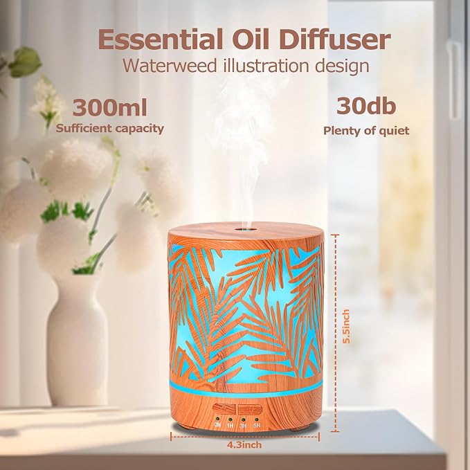 Essential Oil Diffuser Metal Aromatherapy Oil Diffusers for Large Room,Water Plants Pattern Ultrasonic Cool Mist Diffuser with Waterless Auto Shut-Off Protection,for Home Office,300ML