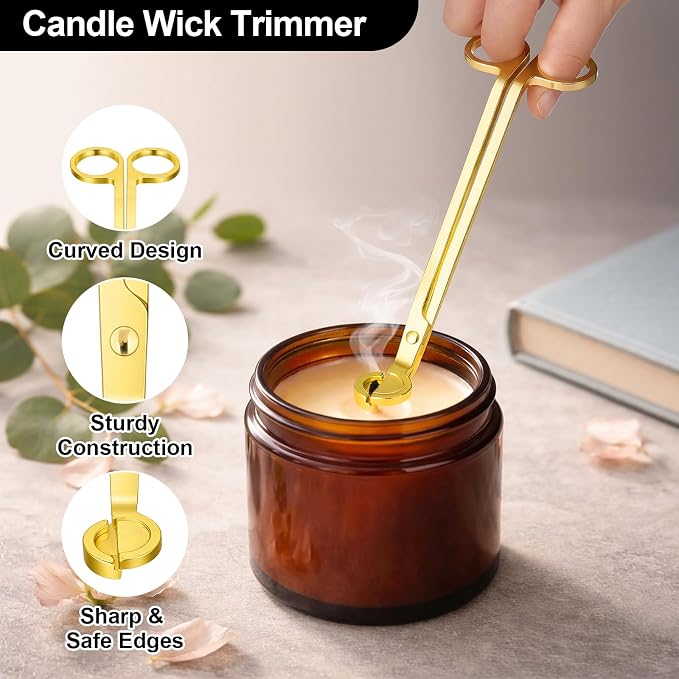 Ohtomber 3 in 1 Stainless Steel Candle Accessory Set, Wick Trimmer Cutter, Snuffer Extinguisher & Dipper, Wick Scissor Clipper Care Kit, Put Out Tool with Gift Package for Candle Lover, Gold