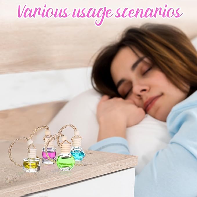 60 Pcs Hanging Car Air Freshener Car Diffuser Bottle Empty Glass Perfume Bottles Air Freshener Diffuser Bottle Pendant for Essential Oils Fragrance Aromatherapy Ornament Decor (Various Style)