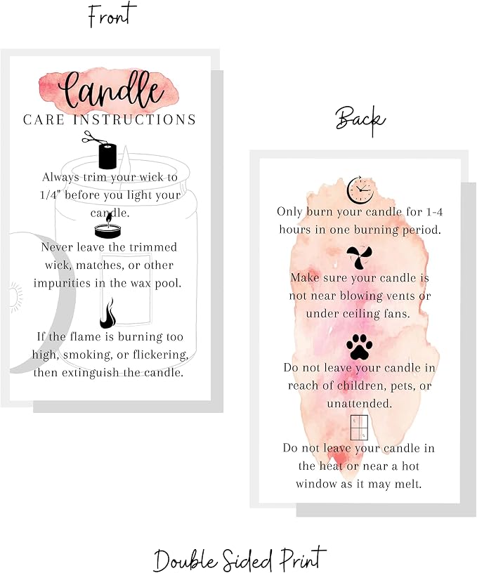 Handmade Candle Care Instruction Card | 50 Pack | for Handmade Candle Makers Soy Bees Wax Coconut Essential Oils | White and Watercolor Card