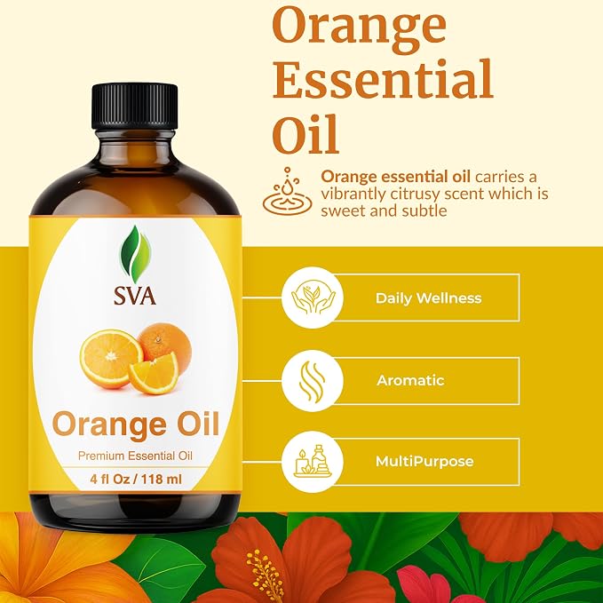 SVA Orange Essential Oil 4 Fl Oz – for Aromatherapy, Diffuser, Skin & Hair Care – Ideal for Massage & DIY Blends - with Dropper