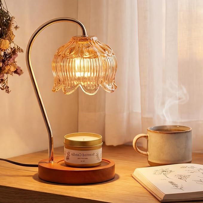 Flower Candle Warmer Lamp with Timer for Jar Candles, Dimmable Candle Lamp Warmer Gift Set with 3 Scented Candles Lavender Vanilla Oud, Christmas Birthday Gifts for Women Mom Wife Her - Amber