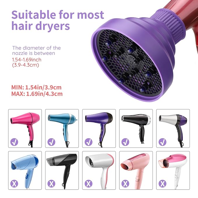 Segbeauty Collapsible Blow Dryer Diffuser, Travel Portable Hair Diffuser for Natural Curly Hair, Professional Lightweight Folding Diffuser Attachment for Dryers Nozzle 1.54 to 1.69 inches Purple