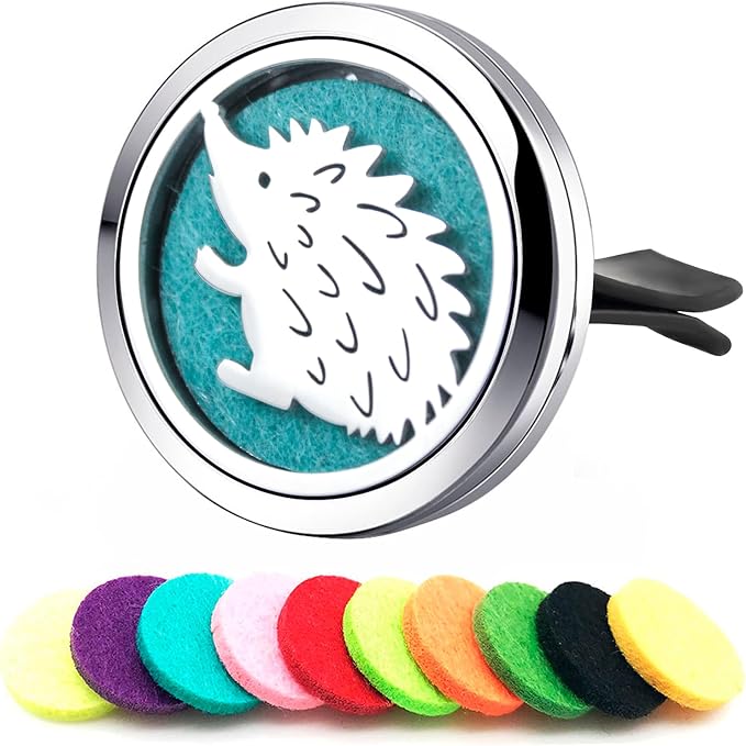 Hedgehog Car Diffuser Refill Oils Set,30mm Stainless Steel Vent Clip,10 Felt Pads Essential Oil Car Air Freshener for Long Lasting Fragrance