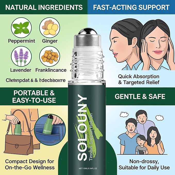 Solouny Tinnitus Vertigo Roll On, Plant-Based Formula Relieving Vertigo, Portable Aromatherapy Roller,2PCS