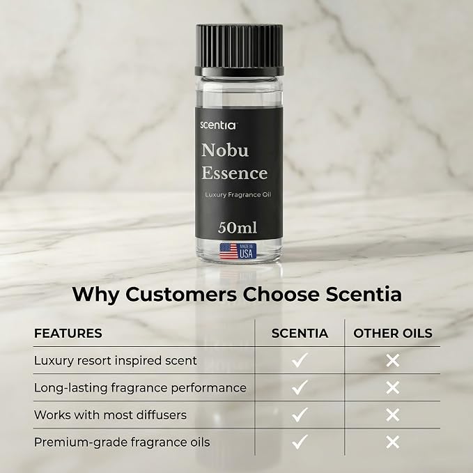 Scentia Nobu Essence Hotel Scent Diffuser Oil – Luxury Fragrance Inspired by Nobu Hotel – 50 mL – Jasmine, Lily & Sandalwood Essential Oil Blend for Home, Office & Aromatherapy Diffusers, Made in USA