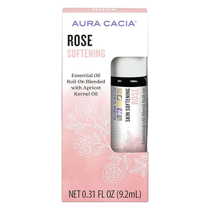 Aura Cacia Rose Roll-On Essential Oil Blend, Pure Rosa Damascena in Apricot Carrier Oil and Vitamin E, Natural Perfume, On-the-Go Aromatherapy | 0.31 Fl Oz (Pack of 1)