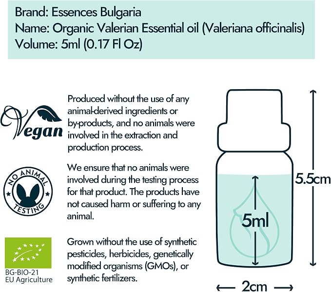 Essences Bulgaria Organic Valerian Essential Oil 0.17 Fl Oz | 5ml | Valeriana officinalis | 100% Pure and Natural | for Good Sleep, Relaxation | Aromatherapy | Therapeutic Grade