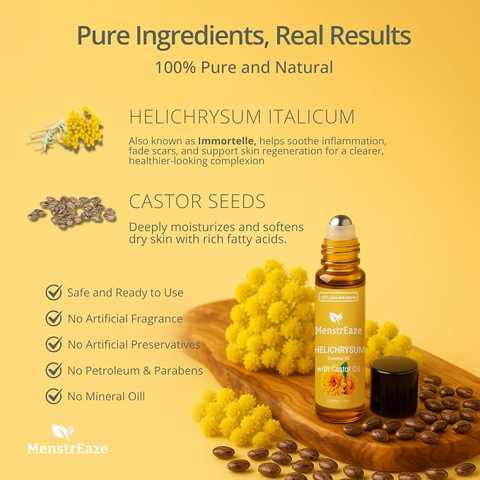 Helichrysum Oil & Castor Oil Roll On, High Potency Formula, 100% Pure and Natural, Acne Soothing, Skin Vitality & Anti-Aging, Aches Relief, Beauty Rollerball, 10ml