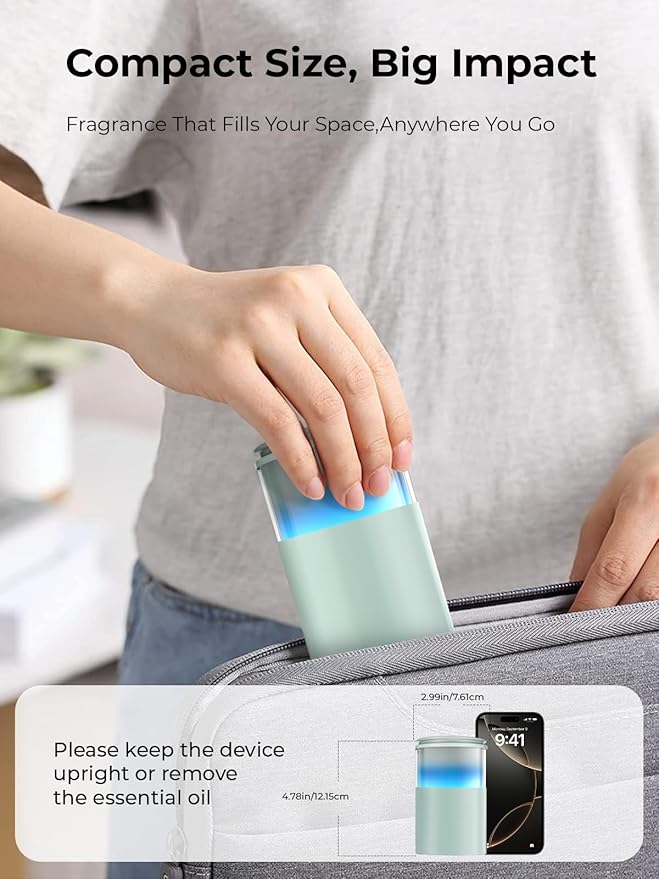 Waterless Essential Oil Diffuser: 𝟗 𝐂𝐨𝐥𝐨𝐫𝐬 𝐋𝐄𝐃 Scent Diffuser for Home&Car&Office - Portable Diffuser with 48H Battery, 4 Timers & 3 Mist Levels, Light Green