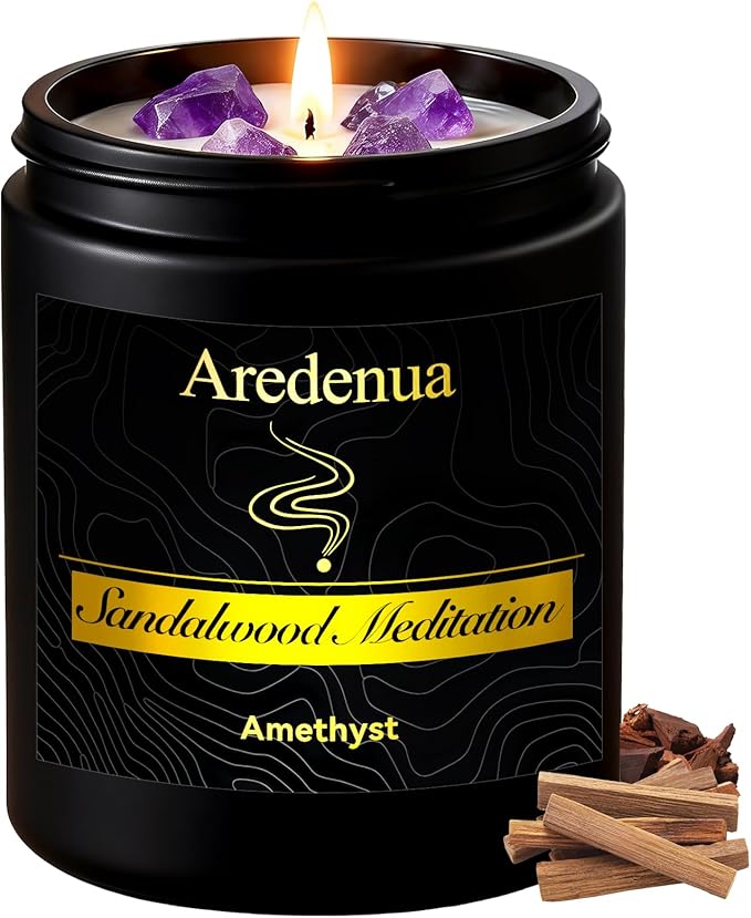 Candle for Meditation and Spiritual Practice - Sandalwood Aromatherapy Candle with Amethyst Healing Crystal, Natural Soy Wax Scented Candle for Yoga Mindfulness, 7oz Long Lasting, Zen Gift