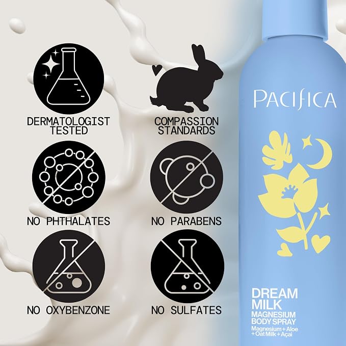 Pacifica Dream Milk Magnesium Spray for Sleep & Relaxation - Natural Magnesium Body Mist Infused with Lavender, Chamomile & Essential Oils, Vegan & Cruelty-Free, Clean Beauty, 8 fl oz