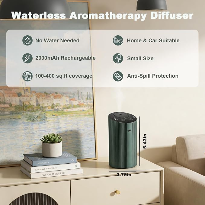 Waterless Essential Oil Diffuser with 4 Timer (1/3/6H & Off) & 3 Mist(L/M/H), Air Scent Diffuser for Home Car Office, Rechargeable Aromatherapy Diffuser, Portable Mini Aroma Diffuser, Dark Green