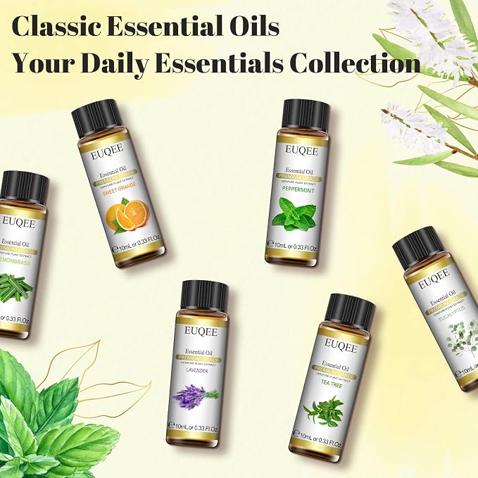 EUQEE 6 Pcs Pure Essential Oils Set, Premium Classic Scent Kit for Diffuser, Massage, Bath, DIY Crafts, Home Fragrance – Lavender, Eucalyptus, Peppermint, Tea Tree, Sweet Orange, Lemongrass
