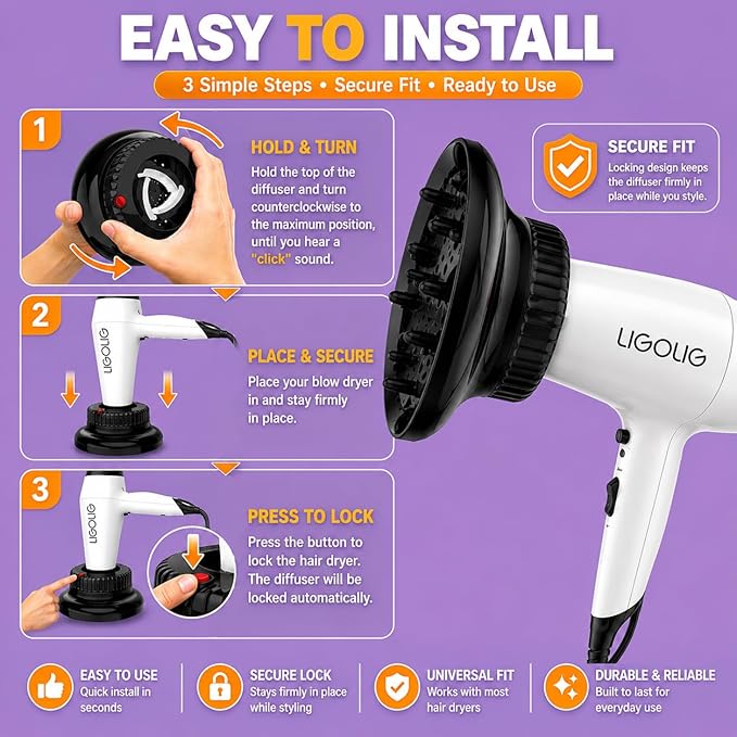 LIGOLIG Hair Difuser Attachment Universal Diffuser Hair Dryer for 1.4-inch to 2.4- inch Blow Dryer, Hair Diffuser for Curly Hair and Natural Wavy Hair (Black)