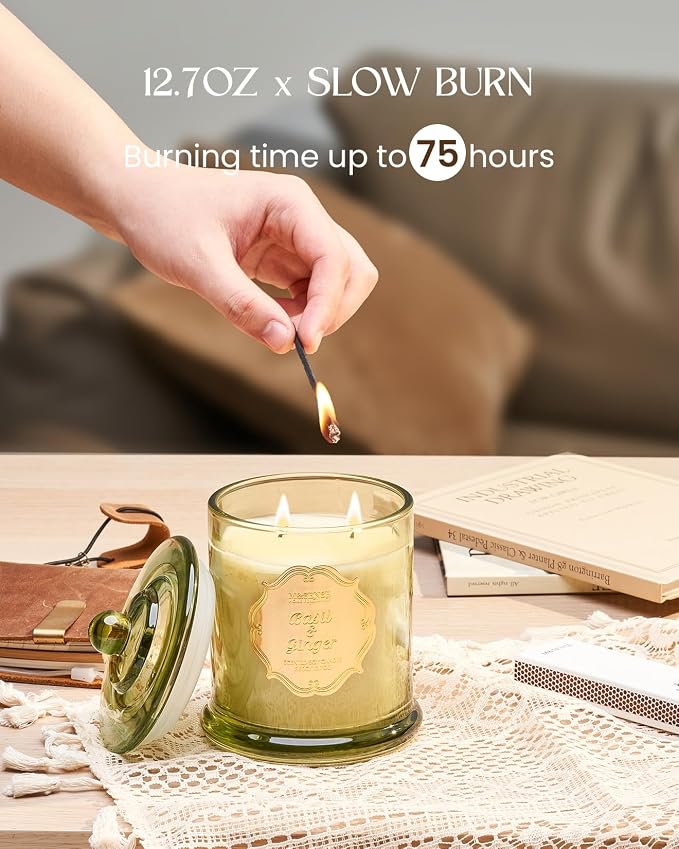 M&SENSE Basil Ginger Scented Candle 12.7oz Stress Relief Gift 2 Wick | Soy Wax, Non-Toxic, Air Purifying, Ideal for Bathtub Relaxation, Summer Candles
