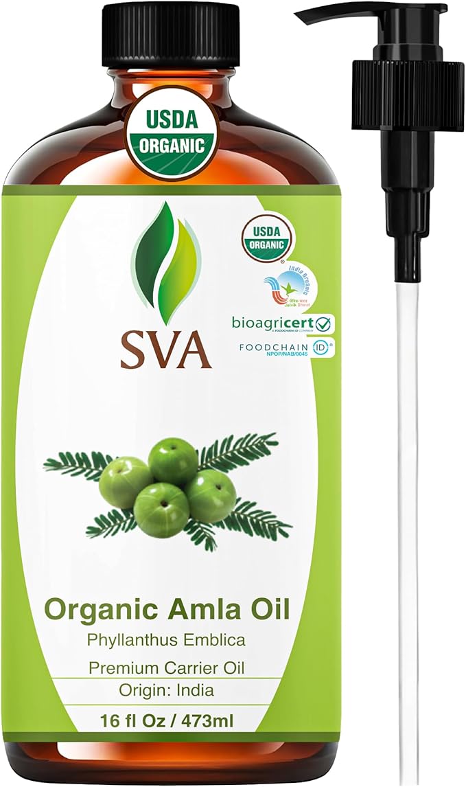 SVA Amla Oil Organic - 16 Fl Oz – 100% Natural Cold Pressed Organic Amla - for Face, Skin Care, Hair Care, Scalp Massage & Body Massage – Carrier Oil