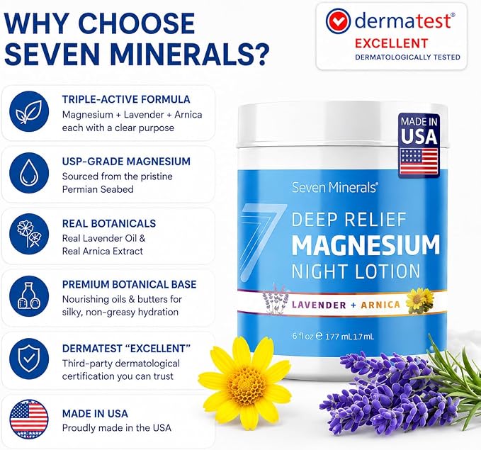 Seven Minerals Deep Relief Magnesium Night Lotion - Lavender + Arnica Cream for Deep Sleep & Muscle Relief - Calms Legs, Soothes Sore Back, Neck & Shoulders - USP Grade, Made in USA, 6 Fl Oz