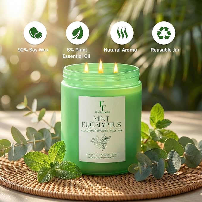 Mint Eucalyptus Large Scented Candle, 3-Wick 22oz Long Lasting Scented Candle, Natural Soy Wax Aromatherapy Candle for Home, Candle Gifts for Women Men