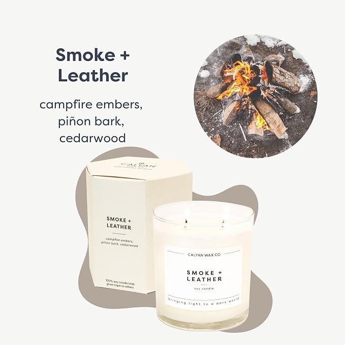 Calyan Wax Co. Smoke & Leather 2 Wick Scented Candle - 37 Hour Burn - Luxury Clean Soy Wax Candles - Long Lasting Large Glass Jar Candle for Home - 8.8oz