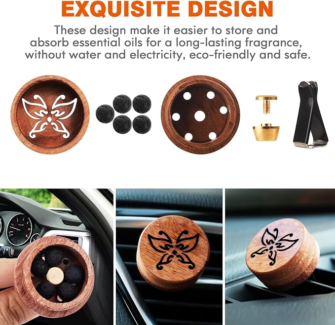Essential Oil Car Diffuser, 2 PCS Butterfly Car Aromatherapy Wood Diffuser with Vent Clip