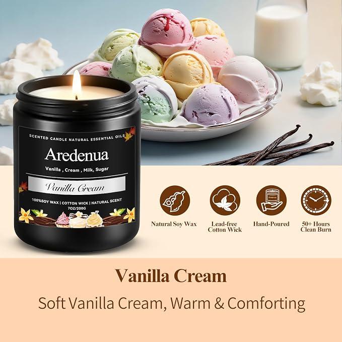 Vanilla Cream Odor Eliminating Candles – Home Air Freshener Soy Candles for Removing Pet, Kitchen & Bathroom Odors, Fresh Air Vanilla Scented Candle, Long-Lasting Candle Gift for Smell Removal