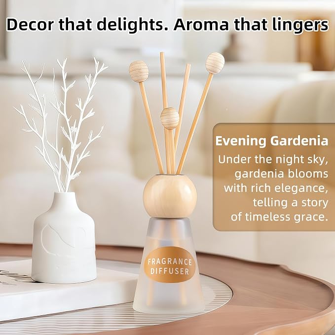 Reed Diffuser Set, Evening Gardenia Scent with Reed Sticks, 1.7 fl oz / 50ml Cone-Shaped Bottle with Round Wooden Cap, Ideal for Bathroom, Bedroom, Office, Home Fragrance for Shelf Decor Air Freshener