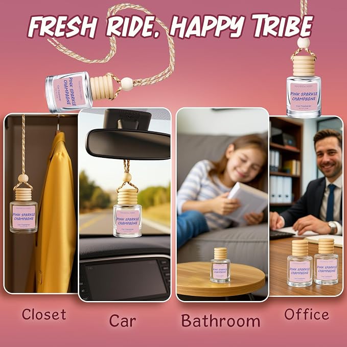 RAINBOW ABBY Hanging Car Air Freshener Diffuser 2 Pack - Pink Sparkle Champagne Fragrance Oil, 45+ Days Long Lasting, Essential Oil Diffuser for Car