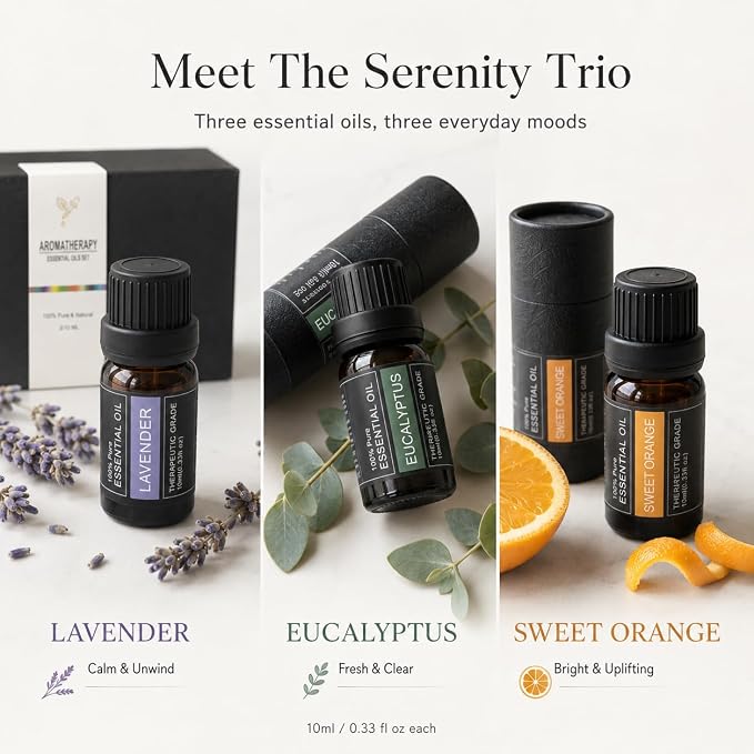 Essential Oils Gift Set - 3 x 10ml Lavender, Eucalyptus & Sweet Orange, 100% Pure Plant-Based Therapy for Car Aromatherapy，Diffusers, Humidifiers, Relaxation & Home Spa - The Serenity Trio