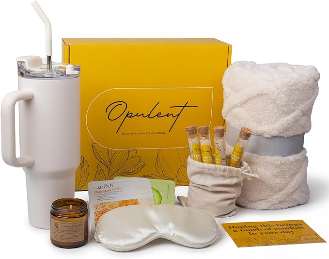 Opulent Luxury Self Care Gift Package for Women, 40oz Tumbler, Cozy Blanket | Gift-Ready Spa Set for Get Well, Thinking of You & Corporate Gifts for Employees & Clients - Candle, Bath Salts & Sleep Mask