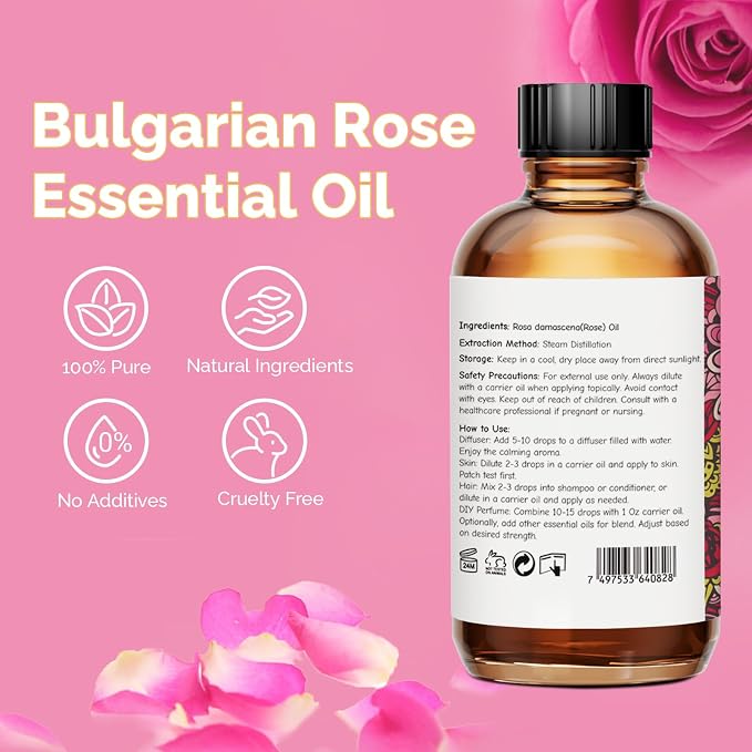 GM Gumili Rose Essential Oil for Face, Hair, Body, Skin, Aromatherapy, Essential Oils Diffuser, DIY Blends - 4 Oz