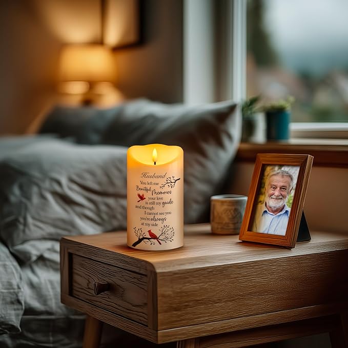 Flameless Memorial Candle for Loss of Husband, Real Wax LED Light with Remote Sympathy Bereavement Gifts for Loss of Loved One Memorial Gifts for Loss of Husband Remembrance Gifts (4" x 7")