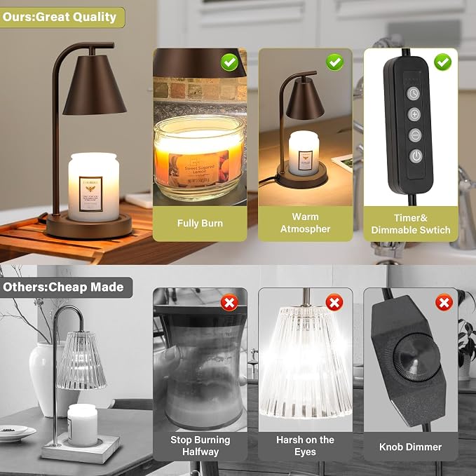 Candle Warmer Lamp with Timer - Electric Wax Melter for Jar Candles with 2 Bulbs, Flameless Scented Candle Warmer for New Home, Creates Cozy Ambiance, Modern House Warming Gift for Women (Brown)