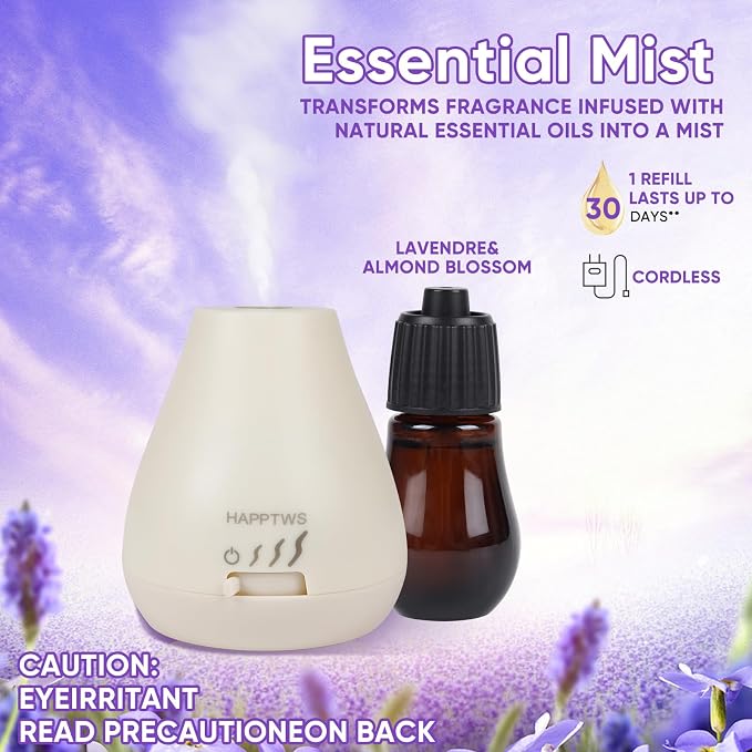 HAPPTWS Essential Oil Diffuser - Waterless Diffuser 3 Timer Settings Battery Powered for Bedroom Yoga Room Toilet Pet Room White