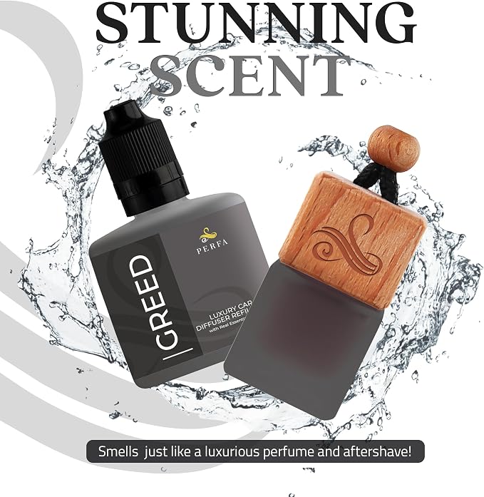 Greed Gift Set with Refill Bottle | Perfume Inspired Car Fragrances | Strong Car Freshener with Odour Eliminator Technology | Greed Automotive Freshener by Perfa