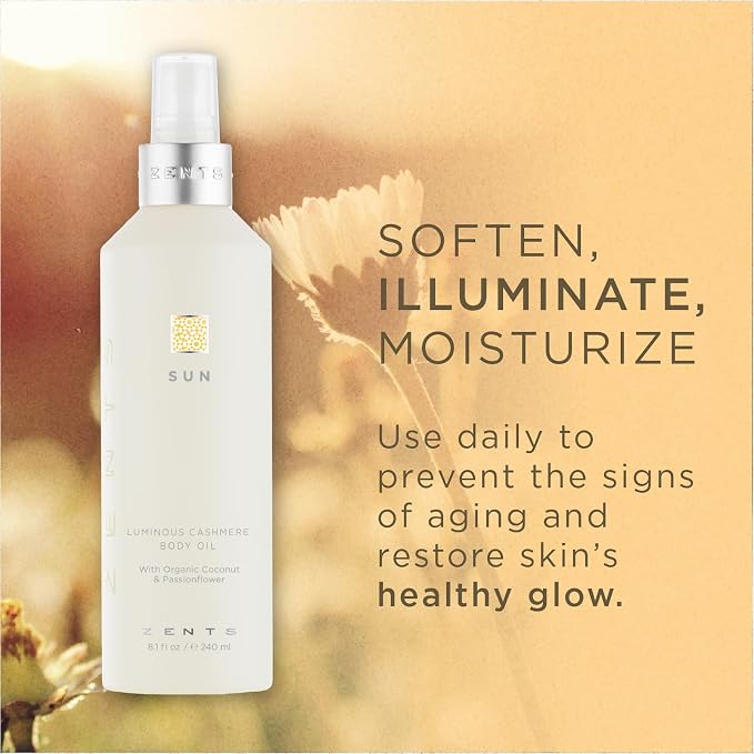 Zents Luminous Cashmere Body Oil (Sun Fragrance) | Moisturizing Body Oil with Vitamin E & Organic Coconut Oil | Softens & Smooths Skin | 8 fl oz