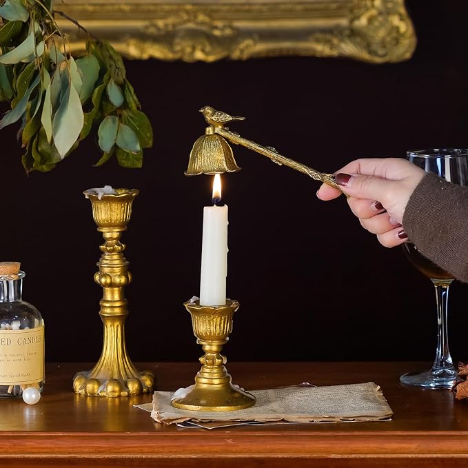 NIKKY HOME Gold Floral Candle Snuffer with Long Handle, Vintage Elegant Candle Extinguisher with Bird, Decorative Metal Wick Flame Snuffer Candle Accessory