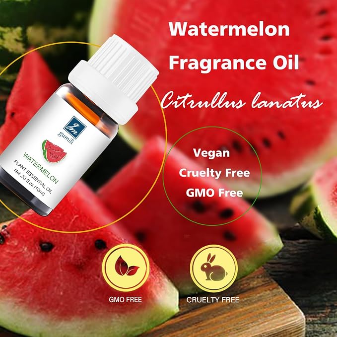 GM Gumili Watermelon Essential Oil - Pure Organic Scent for for Aromatherapy, Diffusers, Spray, Skin & Hair Care, Massage, DIY Candles & Soap, Perfume - Fruity Fragrance, 10mL
