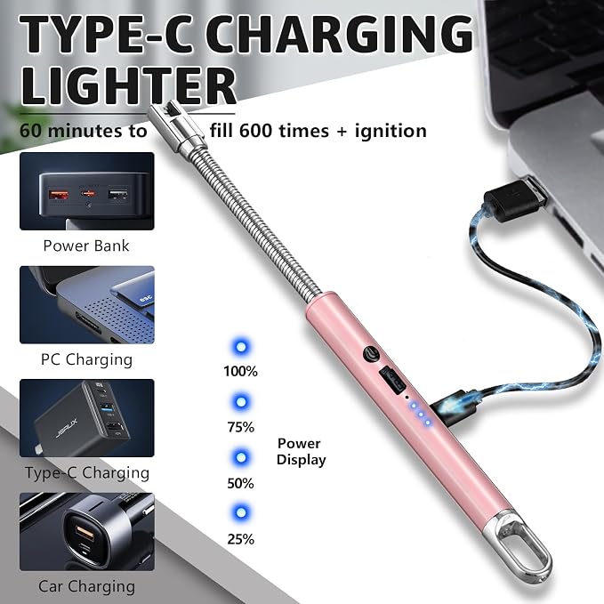 2 Pack Electric Candle Lighters, USB Rechargeable Lighter with Windproof Flameless & Extended Handle, Suitable for Candles, BBQ, Camping, Gas Stove, Festivals Gift (Pink, 2 Packs-A)