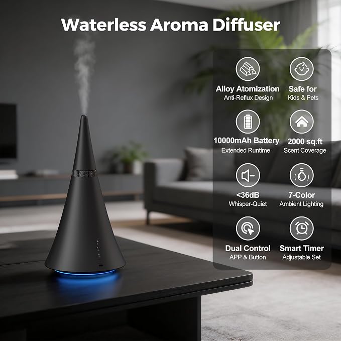 Waterless Scent Diffuser, House Scent Machine, 2000 Sq.Ft of Coverage, 100ml Large Capacity Aromatherapy Machine, Quiet,Ambient Light,Metal,Commercial for Home Large Room, Office
