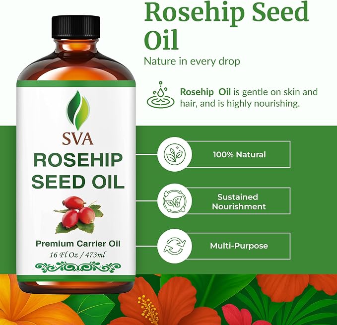 SVA Rosehip Seed Oil - 16 Fl Oz – 100% Natural & Cold Pressed - for Face, Skin Care, Hair Care, Scalp Massage & Body Massage – Carrier Oil with Dropper
