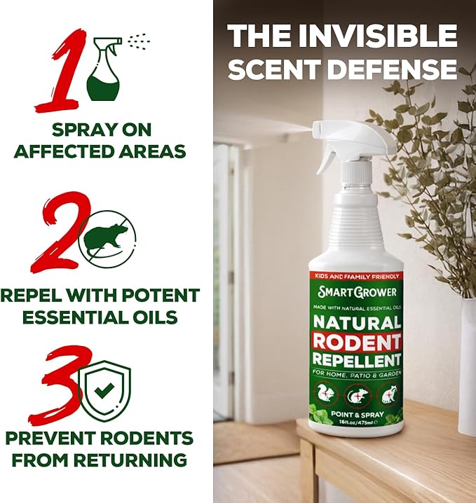 Smart Grower Peppermint Oil Spray for Rodents – Maximum Strength Ready to Use Peppermint Spray for Rodent, Mice, Squirrels – Indoor, Outdoor & Car Engine Protection – 16 oz