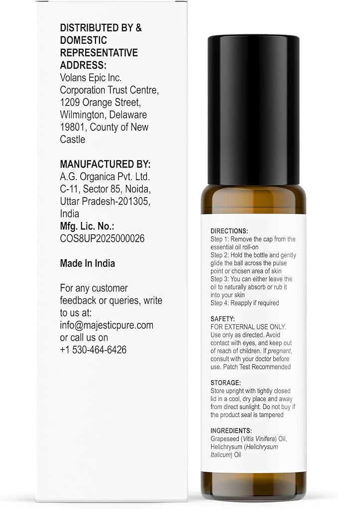 Majestic Pure Helichrysum Essential Oil, 10ml Roll-On | Helichrysum Italicum, Grapeseed Oil, Skin Care, Stress Relief